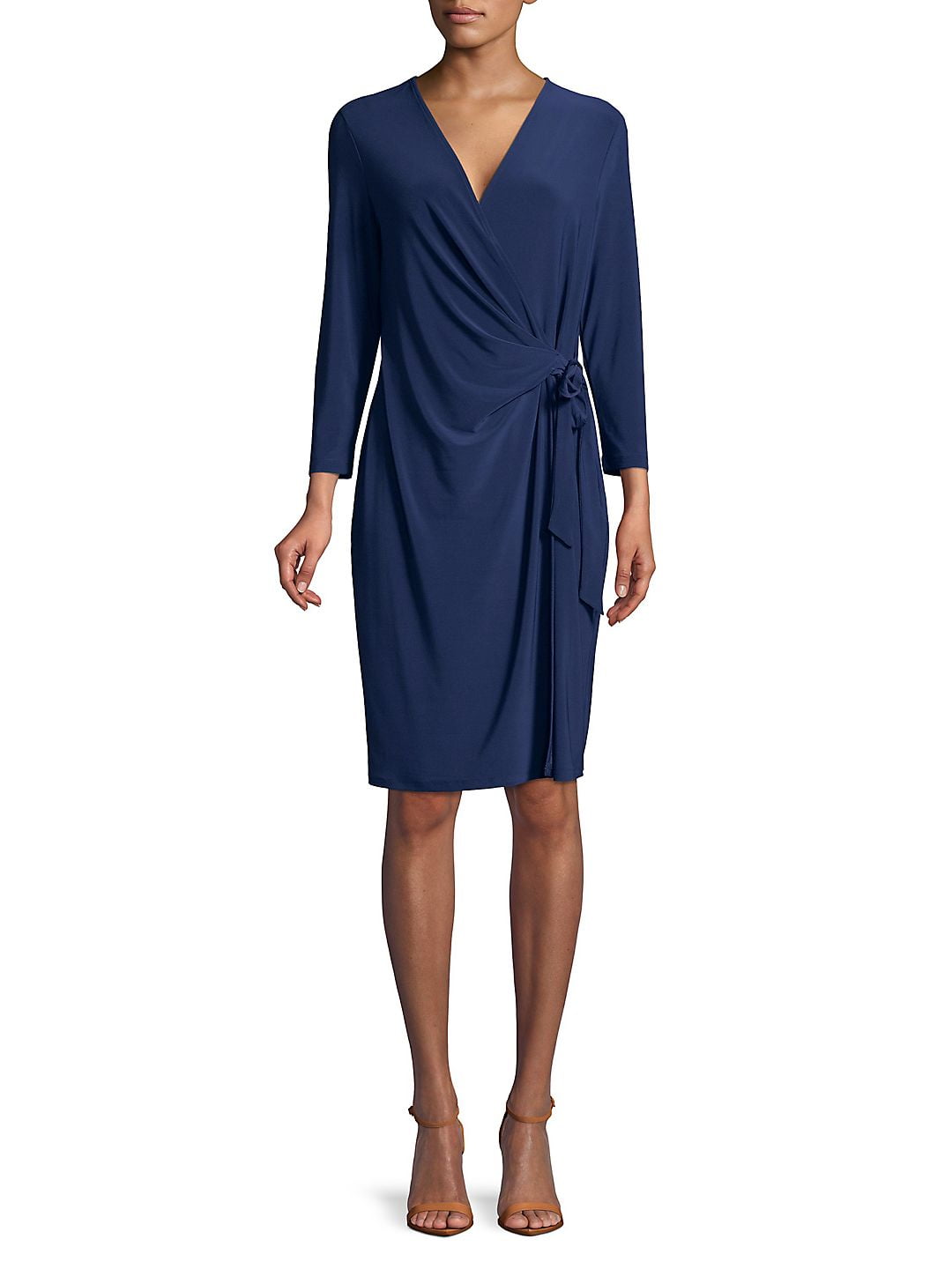 ANNE KLEIN Womens Navy Long Sleeve V Neck Knee Length Wrap Dress Size: M -  Walmart.com